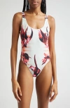 Jean Paul Gaultier The Flower Marinière One-piece Swimsuit In Mint/pale Pink/red