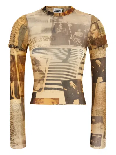 Jean Paul Gaultier Multicolor Crewneck Cropped Top With Long Sleeves And All-over Print In Tech Fabric Woman In Gold