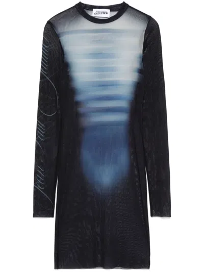 Jean Paul Gaultier Le Male Printed Mesh Crew Neck Short Dress Navy In Blue