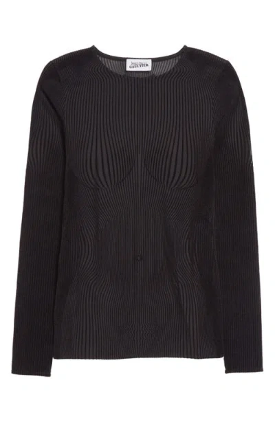 Jean Paul Gaultier The Morphing Pinstripe Flocked Long Sleeve Sheer Mesh Top In Schwarz