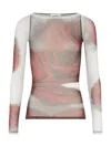 Jean Paul Gaultier Women Blurry Roses Medaillon Print Mesh Boat Neck Top In White