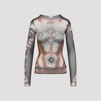 Jean Paul Gaultier Tattoo-inspired Sheer Long-sleeved Top With Bold Motifs In Brown