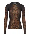 Jean Paul Gaultier Top Long Sleeves Mesh Printed Wood Woman Black And Brown In Brown