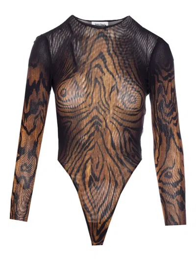 Jean Paul Gaultier Tiger-print Mesh Bodysuit In Brown