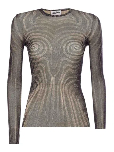 Jean Paul Gaultier Mesh Top With Geometric Pattern And Spiral Print In Black