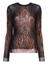 Jean Paul Gaultier Top Long Sleeves Mesh Printed Wood Woman Black And Brown In Multi
