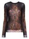 Jean Paul Gaultier Top Long Sleeves Mesh Printed Wood Woman Black And Brown In Multi
