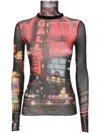Jean Paul Gaultier Pigalle Mesh Long Sleeve Printed Top In Multi