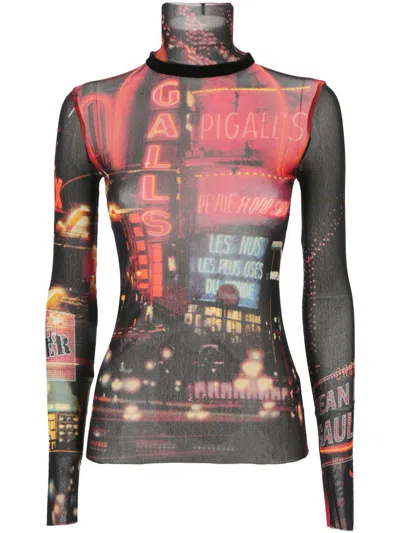 Jean Paul Gaultier Pigalle Mesh Long Sleeve Printed Top In Multi