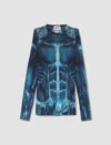 Jean Paul Gaultier Ecorche Mesh Printed Long Sleeve Top In Blue,lightblue,white