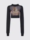 Jean Paul Gaultier Lambswool Ribbed Long Sleeves Cropped Sweater With Printed Mesh Cut Out Details In Black