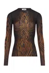 Jean Paul Gaultier Top Long Sleeves Mesh Printed Wood Woman Black And Brown In Brown