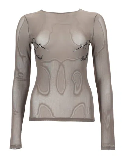 Jean Paul Gaultier Top Needles Sheer Embroidered Long Sleeve In Brown