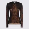 Jean Paul Gaultier Top Long Sleeves Mesh Printed Wood Woman Black And Brown In Brown