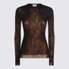 Jean Paul Gaultier Top Long Sleeves Mesh Printed Wood Woman Black And Brown In Brown