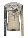 Jean Paul Gaultier The Double Layer Printed Mesh Long Sleeves Top In Nude & Neutrals