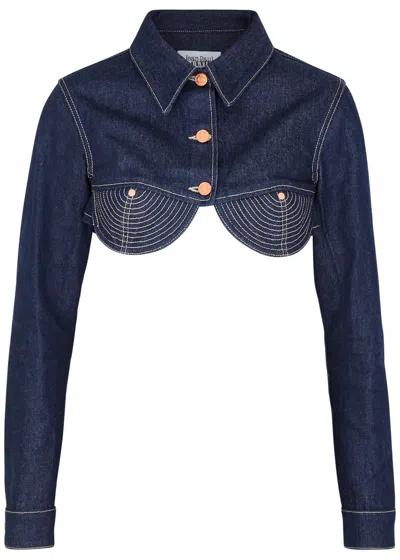 Jean Paul Gaultier Topstitched Cropped Denim Jacket In Indigo