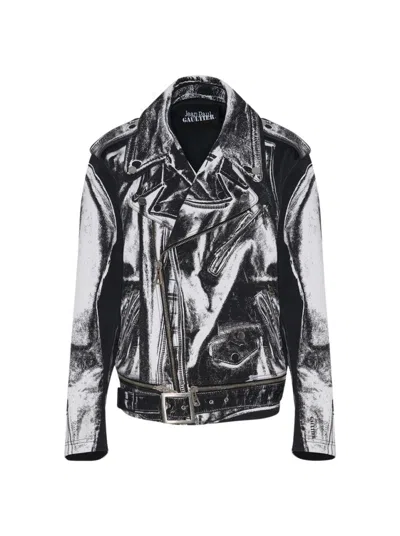 JEAN PAUL GAULTIER JEAN PAUL GAULTIER TROMPE-LÂOEIL PERFECTO COTTON CANVAS JACKET BLACK AND WHITE
