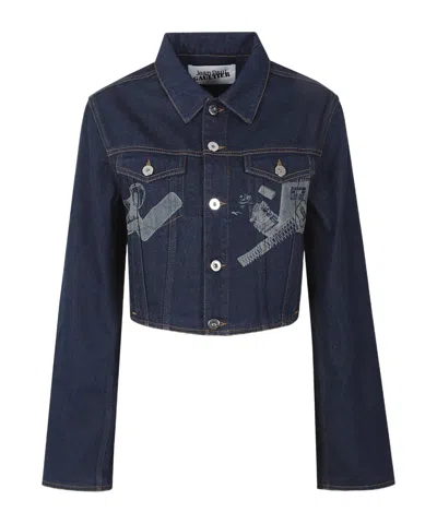 Jean Paul Gaultier Trompe L'oeil Cropped Denim Jacket In Blue