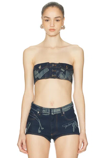 Jean Paul Gaultier Trompe L'oeil Print Denim Bra Top In Blue