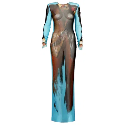Pre-owned Jean Paul Gaultier Trompe L'oeil Sheer Tuxedo Print Mesh Maxi Dress In Gray
