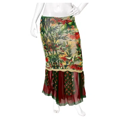 Pre-owned Jean Paul Gaultier Tropical Print Midi Skirt With Sheer Silk Hem Circa 1990s In Brown
