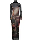 Jean Paul Gaultier Mesh Dress With High Neck And Long Sleeves In Black Red Orange Blue