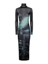 Jean Paul Gaultier Turtleneck Mesh Long Dress Printed "pigalle" In Blue