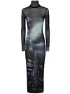 Jean Paul Gaultier Turtleneck Mesh Long Dress Printed "pigalle" In Navy Lightblue White Black