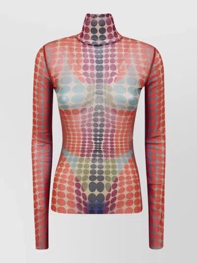 Jean Paul Gaultier Turtleneck Top Long Sleeves Sheer Design In Red