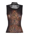 Jean Paul Gaultier Sleeveless Animal Print High Neck Sheer Top In Black