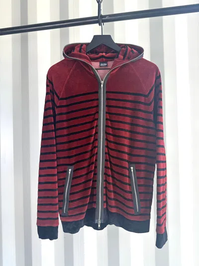 Pre-owned Jean Paul Gaultier Velour Full Zip Hoodie Striped In Red