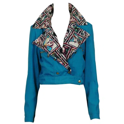 Pre-owned Jean Paul Gaultier Vintage Blue Cropped Biker Jacket With Portraits Details