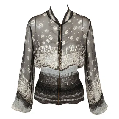 Pre-owned Jean Paul Gaultier Vintage  Sheer Silk Bomber Jacket With Crocheted Knit Trim In Gray