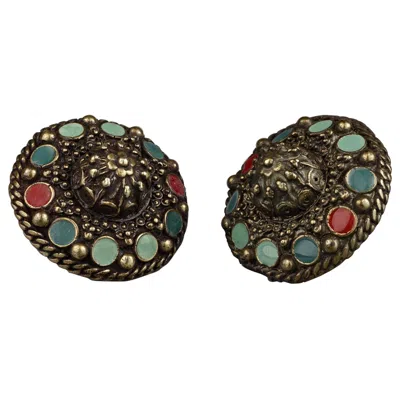 Pre-owned Jean Paul Gaultier Vintage  Tribal Enamel Disc Earrings In Black