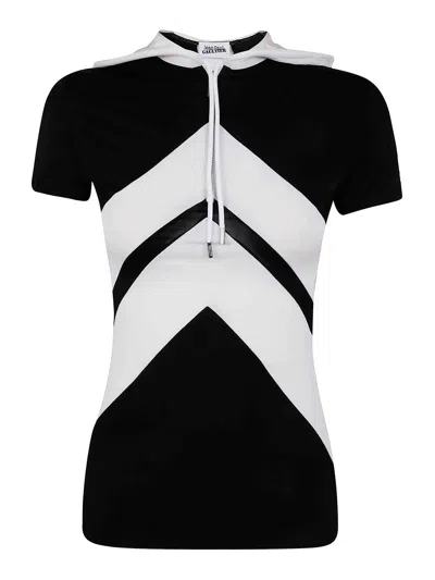 Jean Paul Gaultier Hooded Two-tone Jersey Half-zip T-shirt In Black