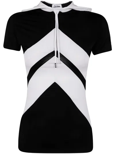 Jean Paul Gaultier Viscose Baby Tee Shirt With Inlaid Chevron, Gaultier Patch Detail And Hood In Black