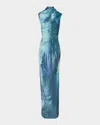 Jean Paul Gaultier Water-print Draped Satin Maxi Dress In Blue