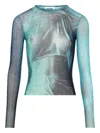 Jean Paul Gaultier Crew Neck Sheer Abstract Print Top In Blue