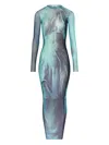 Jean Paul Gaultier Abstract Print Sheer Overlay Long Dress In Blue