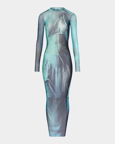 JEAN PAUL GAULTIER WATER-PRINT MESH LONG-SLEEVE MIDI DRESS
