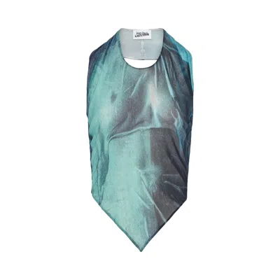 Pre-owned Jean Paul Gaultier Water Printed Scarf Top 'indigo/vintage Blue' | Women's Size M
