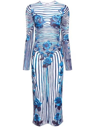 Jean Paul Gaultier White And Blue Flower Body Morphing Midi Dress