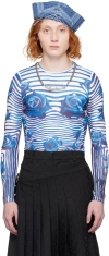 Jean Paul Gaultier White & Navy Floral Long Sleeve T-shirt In 015951-white/navy/aq