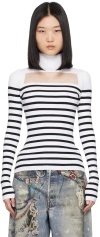 Jean Paul Gaultier Ribbed Mariniere Pullover With Transparent Window Detail In 0159 White/navy