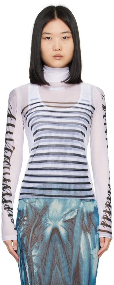 Jean Paul Gaultier Spandex Mesh Printed Feathers Mariniere Top In Blue