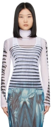 Jean Paul Gaultier Spandex Mesh Printed Feathers Mariniere Top M In 015900 White/navy/bl