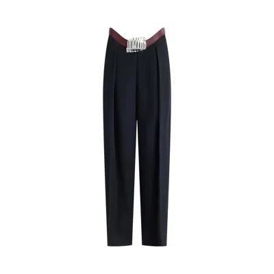 Pre-owned Jean Paul Gaultier Wide Tailored Trousers With Integrated Leather Belt 'navy/burgundy' | Blue | Wome