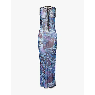 Jean Paul Gaultier Womens Bluebutterfly Graphic-print Stretch-mesh Maxi Dress In Blue Multi