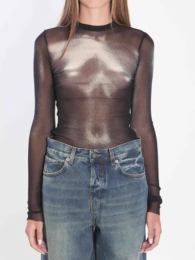 Jean Paul Gaultier Sheer Metallic Body Dust Crew Neck Top In Black